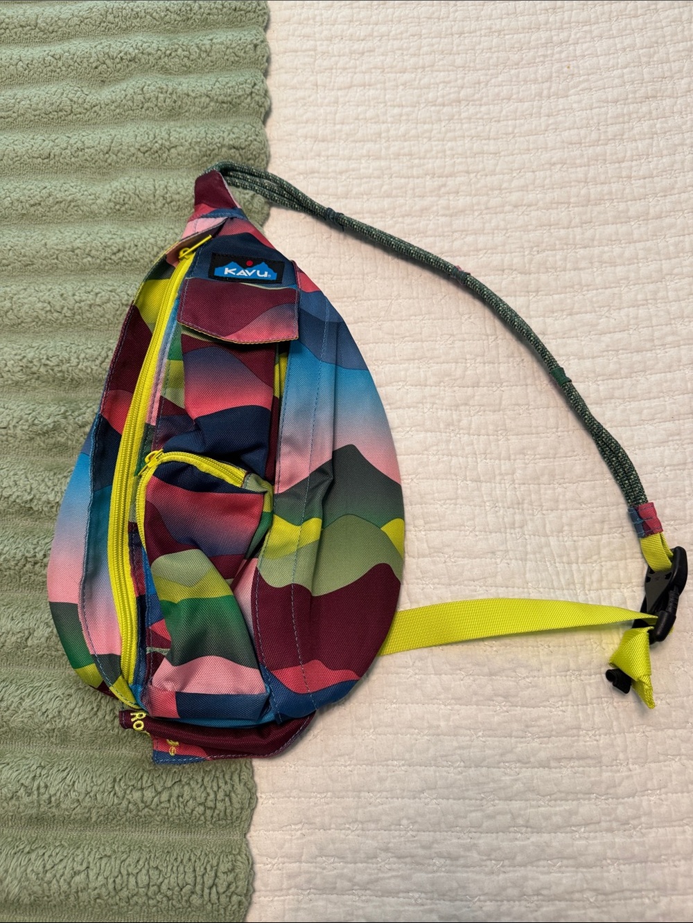 Kavu Multicolor Wave Sling Bag with Neon Yellow Trim